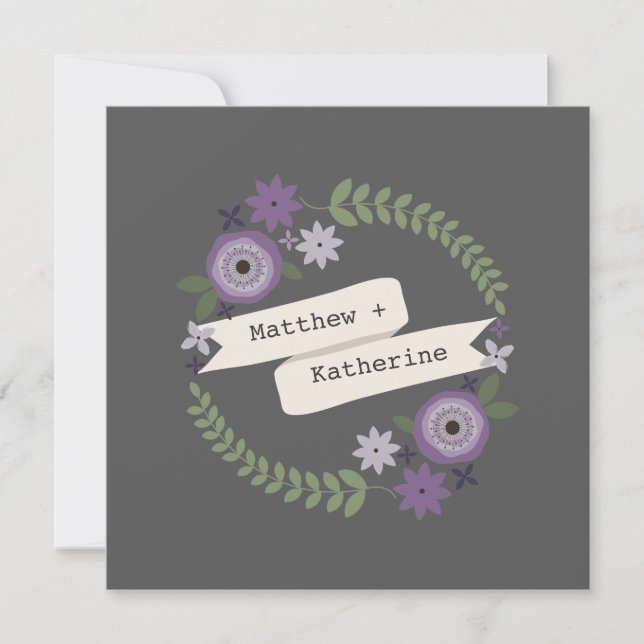 Purple Floral Wreath Gray Wedding Invitation (Front)