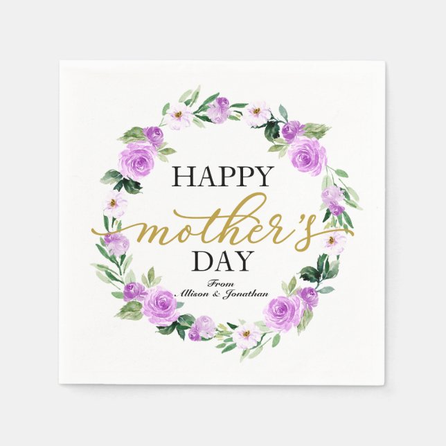 Purple Floral Wreath Happy Mothers Day Napkins (Front)