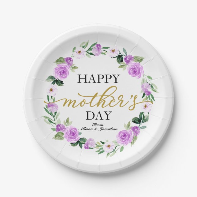 Purple Floral Wreath Happy Mothers Day Paper Plates (Front)
