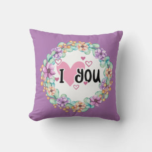Purple Floral Wreath / I Love You Throw Pillow