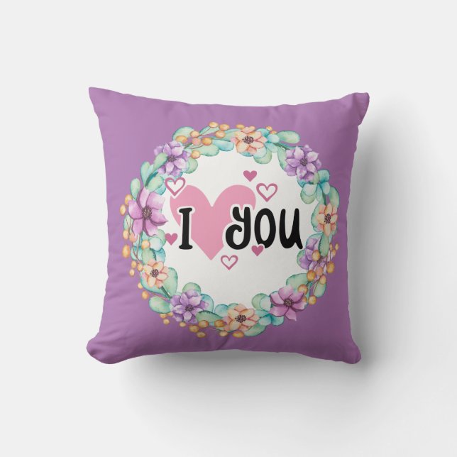 Purple Floral Wreath / I Love You Throw Pillow (Front)