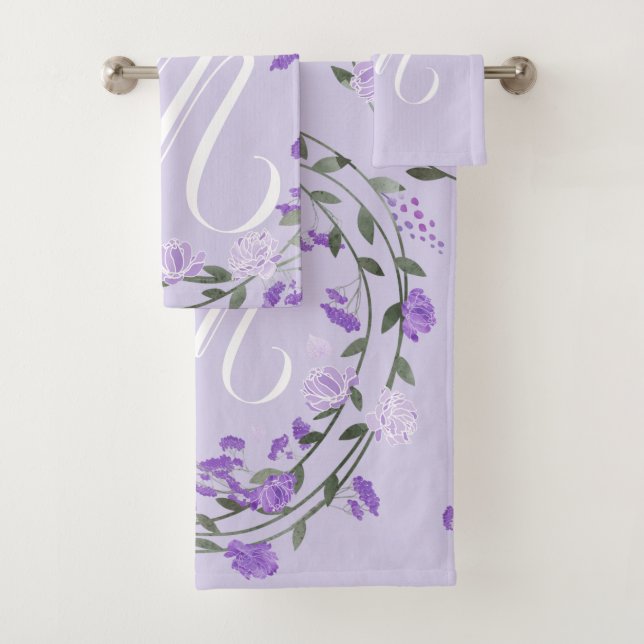 Purple Floral Wreath Monogram Bath Towel Set (Insitu)