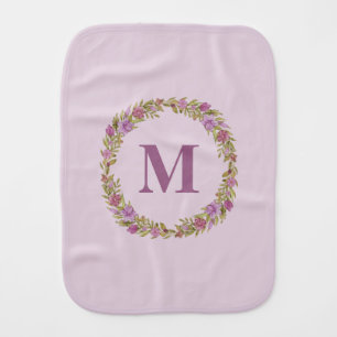 Purple Floral Wreath Monogram Girls Baby Burp Cloth