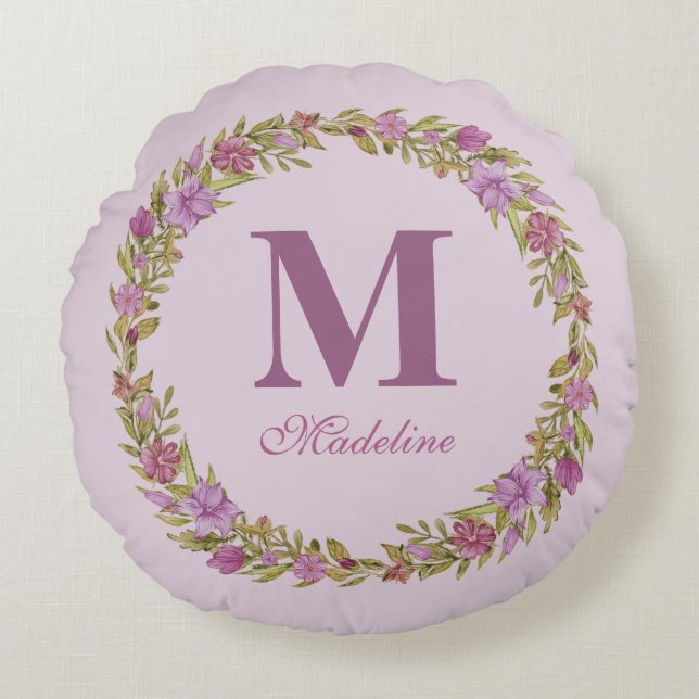 Purple Floral Wreath Monogram Girls Nursery  Round Pillow (Front)