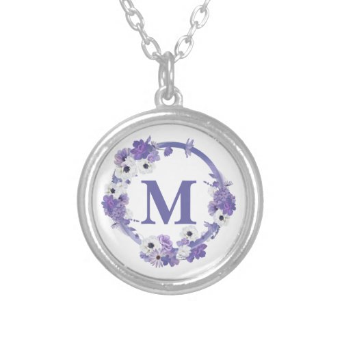 Purple Floral Wreath Monogram Initial Silver Plated Necklace