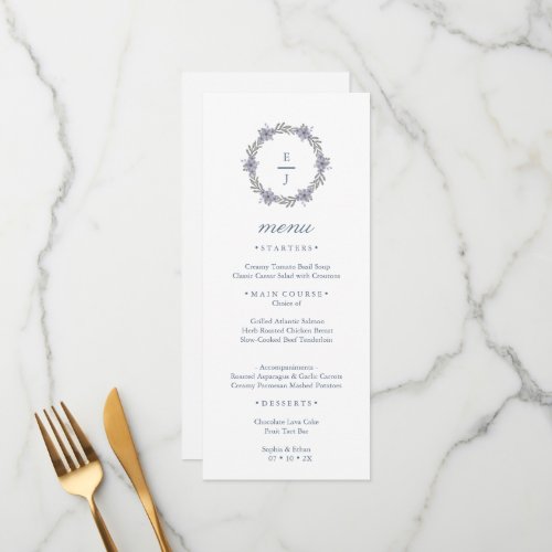 Purple Floral Wreath Monogram Wedding Menu Card