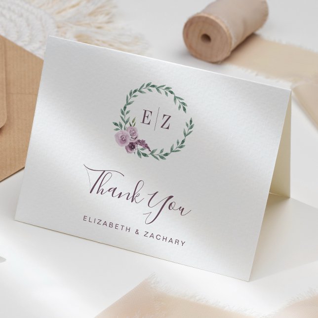 Purple Floral Wreath Monogram Wedding Thank You Card (Creator Uploaded)