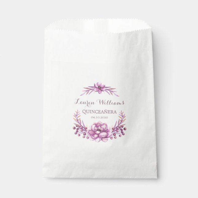 Purple Floral Wreath Quinceanera Favor Bags (Front)