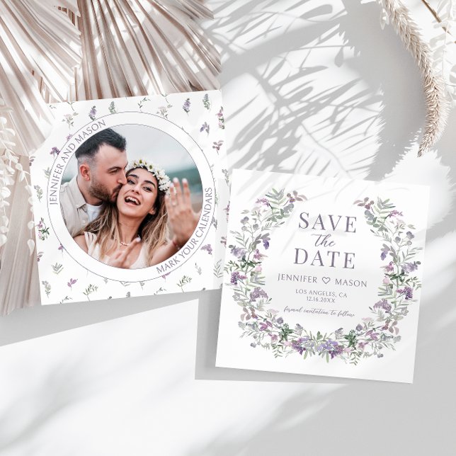 Purple floral wreath Save the Date photo Card (Creator Uploaded)