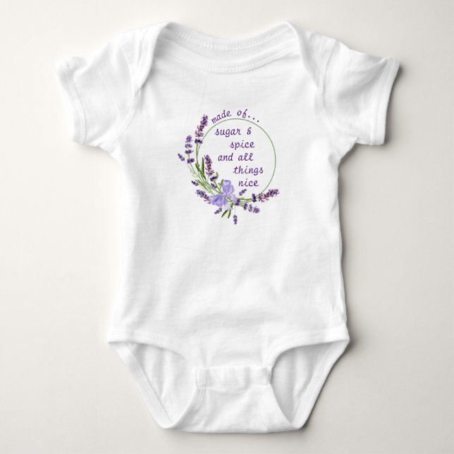 Purple Floral Wreath Sugar & Spice Nursery Rhyme Baby Bodysuit (Front)