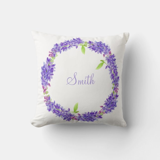 Purple Floral Wreath | Your Last Name Throw Pillow (Front)