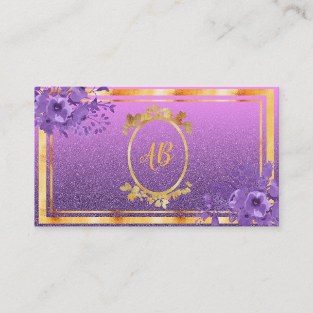Purple florals gold glitter monogrammed business card (Front)