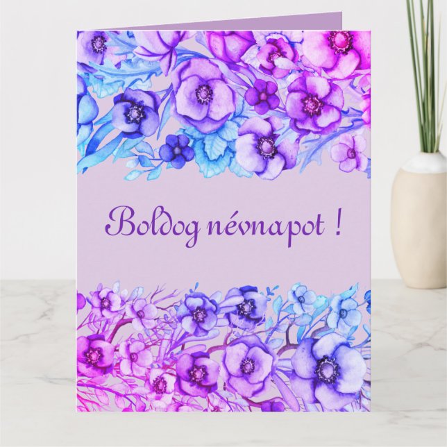 Purple florals - Hungarian name day Custom Message Card (Front)