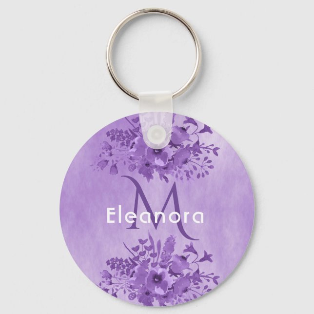 Purple florals monogram name vintage keychain (Front)