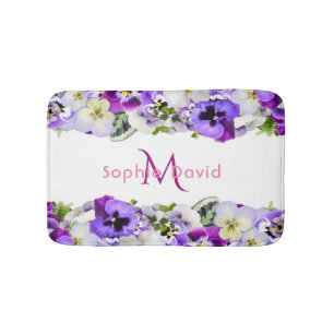 Purple florals white monogram elegant bath mat