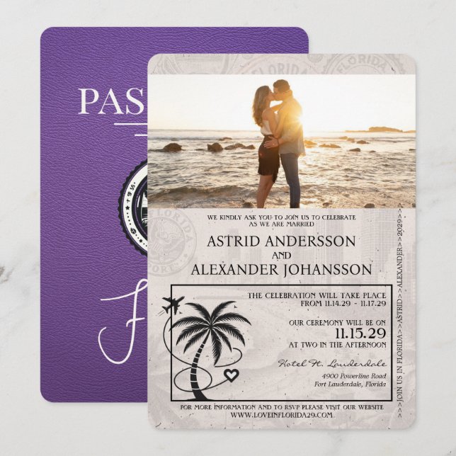 Purple Florida Passport Wedding Invitation (Front/Back)