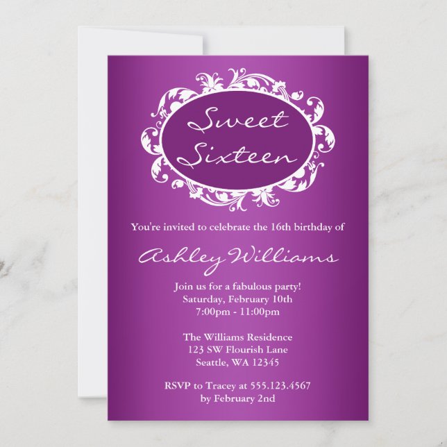Purple Flourish Swirl Frame Sweet 16 Birthday Invitation (Front)