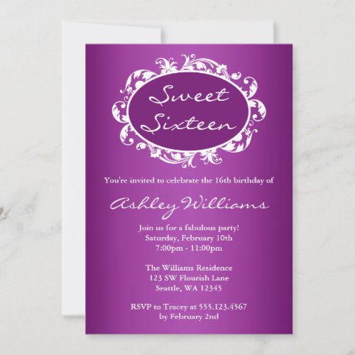Purple Flourish Swirl Frame Sweet 16 Birthday Announcements
