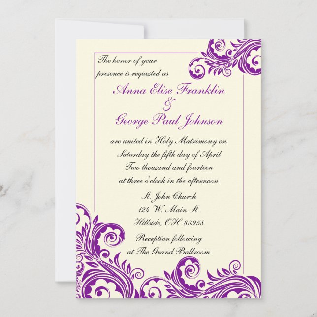 Purple Flourish Vertical Wedding Invitation (Front)