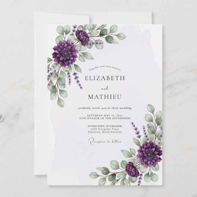 Purple Flourishing Eucalyptus Wedding Invitation (Front)