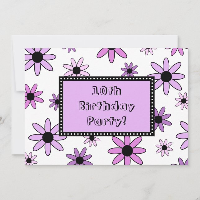 Purple Flower 10th Birthday Party Invitation Cards (Front)