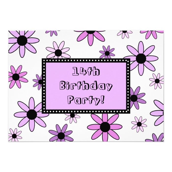 Purple Flower 14th Birthday Party Invitation Cards