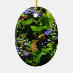 Purple Flower and Bumble Bee Ceramic Ornament