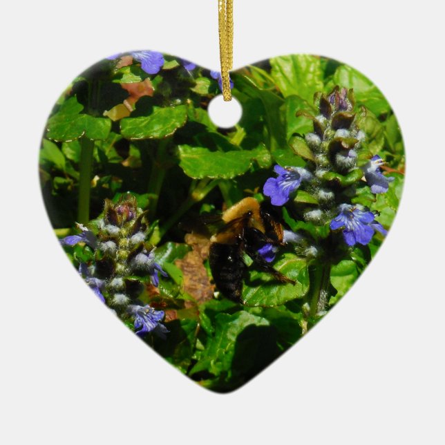 Purple Flower and Bumble Bee Ceramic Ornament (Front)