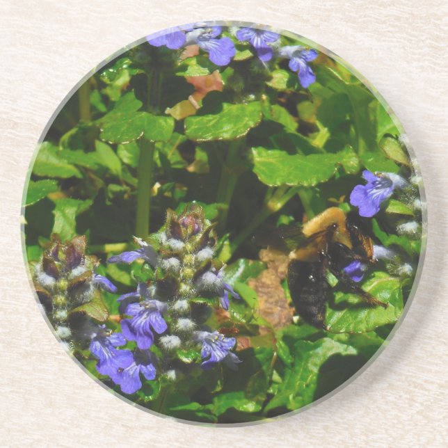 Purple Flower and Bumble Bee Drink Coaster (Front)