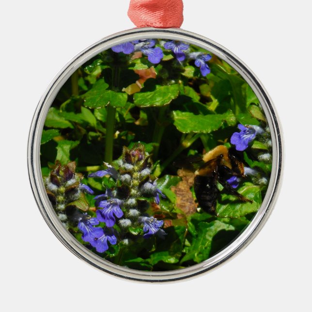 Purple Flower and Bumble Bee Metal Ornament (Front)