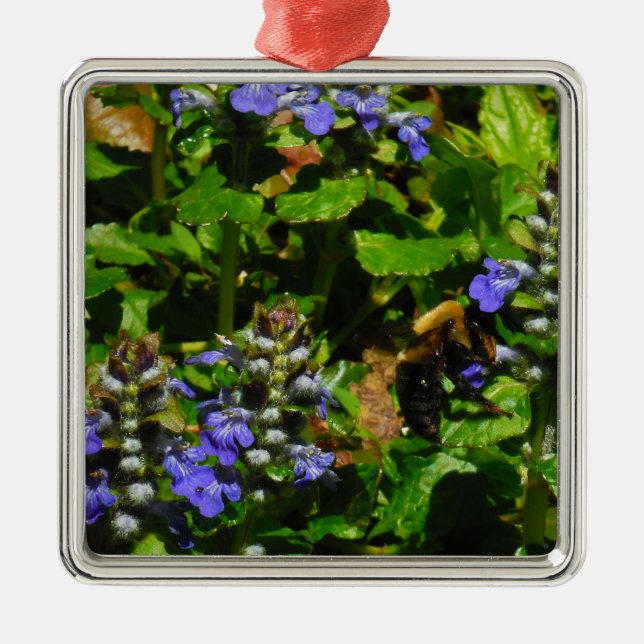 Purple Flower and Bumble Bee Metal Ornament (Front)