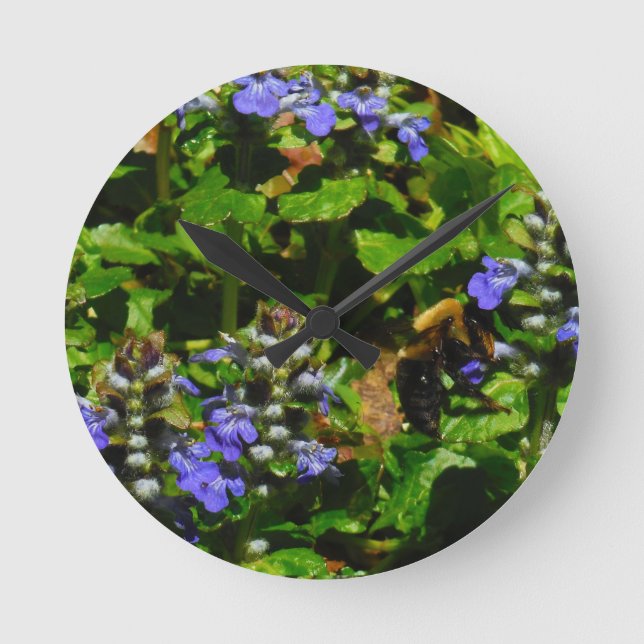 Purple Flower and Bumble Bee Round Clock (Front)