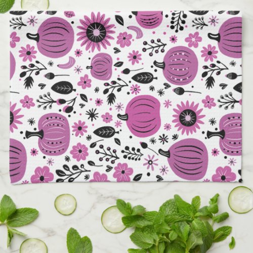 Purple flower and cute pumpkin pattern kitchen towel