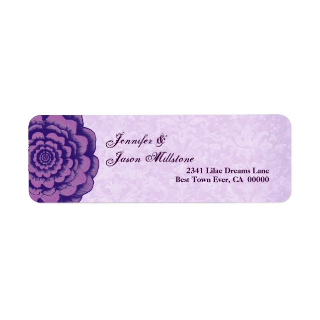 Purple Flower and Damask Wedding Label (Front)