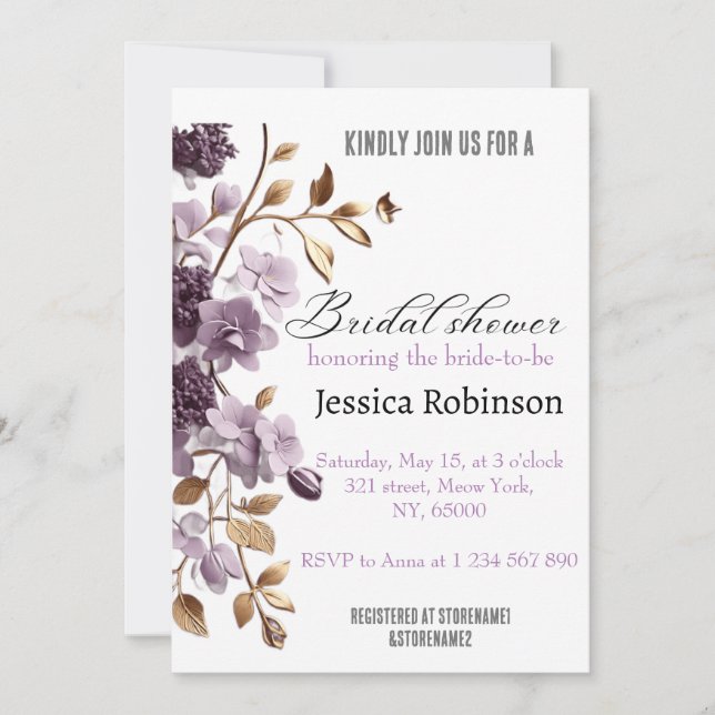 "purple flower and gold leaf bridal shower"  invitation (Front)