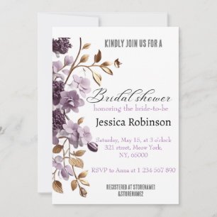 "purple flower and gold leaf bridal shower" invitation