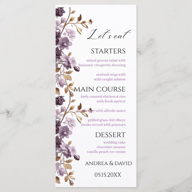 Purple flower and gold leaf let's eat Weeding Menu (Front)