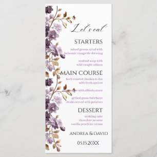 Purple flower and gold leaf let's eat Weeding Menu