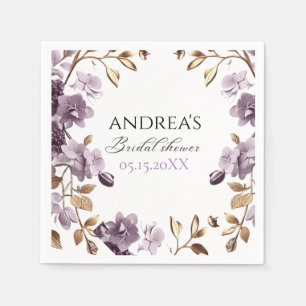 "purple flower and gold leaf paper bridal shower" napkins