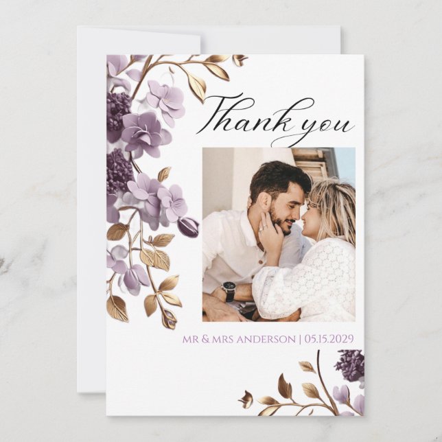 "purple flower and gold leaf thank you card" (Front)