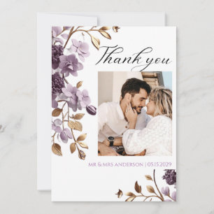 "purple flower and gold leaf thank you card"