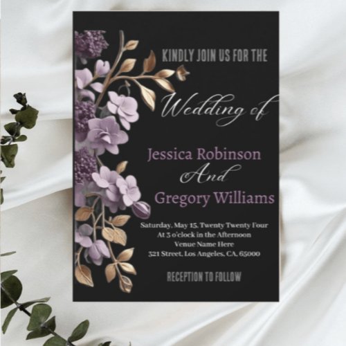 purple flower and gold leaf weeding invitation invitation