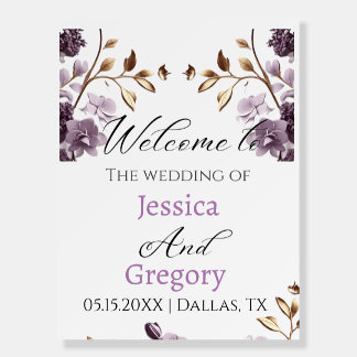 "purple flower and gold leaf weeding welcome sing" foam board