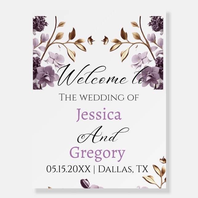 "purple flower and gold leaf weeding welcome sing" foam board (Front)