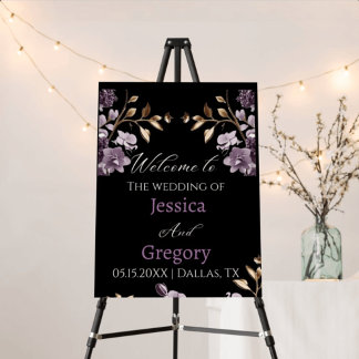 "purple flower and gold leaf weeding welcome sing" foam board