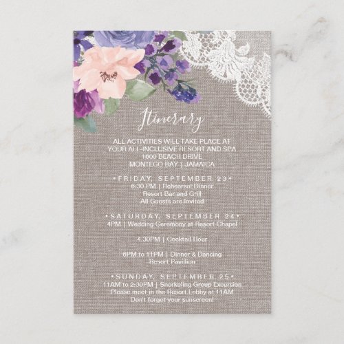 Purple Flower and Lace Wedding Weekend Itinerary Enclosure Card