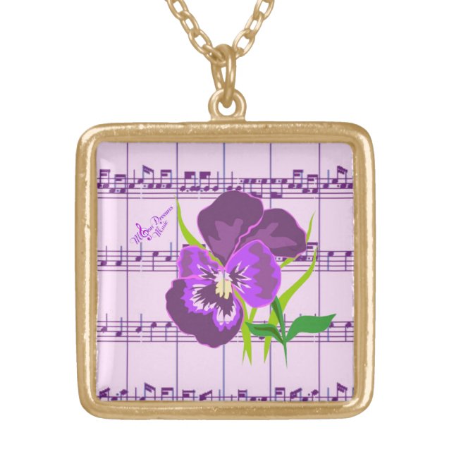 Purple Flower and Music Square Gold Necklace (Front)