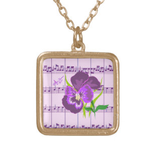 Purple Flower and Music Square Gold Necklace