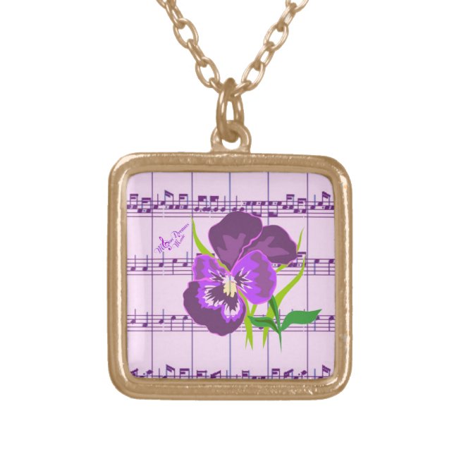 Purple Flower and Music Square Gold Necklace (Front)
