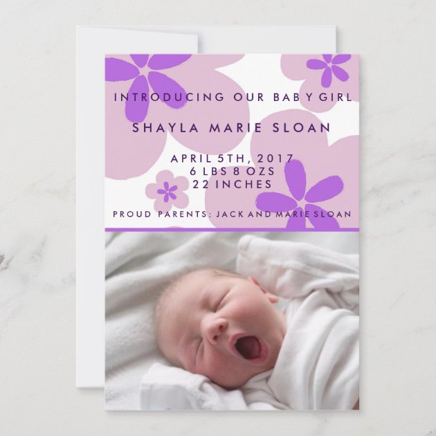 Purple Flower Baby Girl Birth Photo Announcement